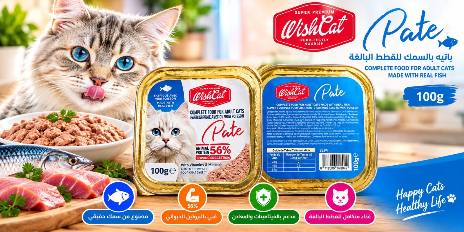 باتيه WishCat بالسمك للقطط البالغة – غذاء رطب متكامل 100 غرام